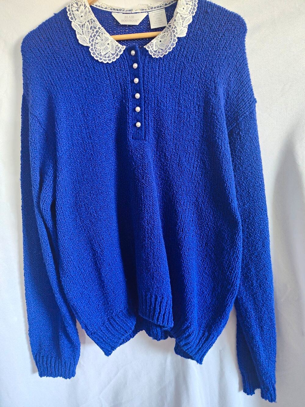 Blair Boutique Blue Acrylic Knit Pullover Sweater Lace Collar Button Placket 3XL